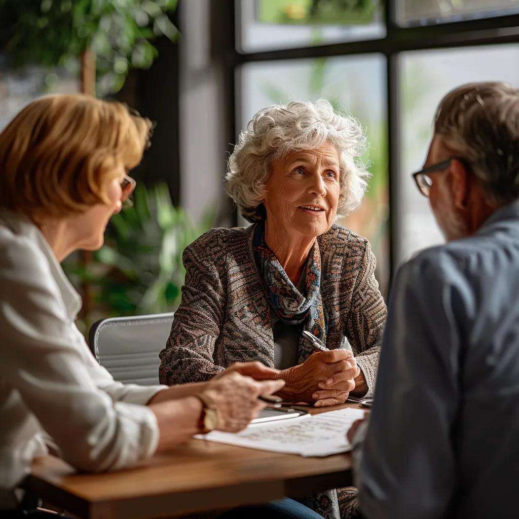Professional advisor consulting with older adults about estate planning in a cozy office