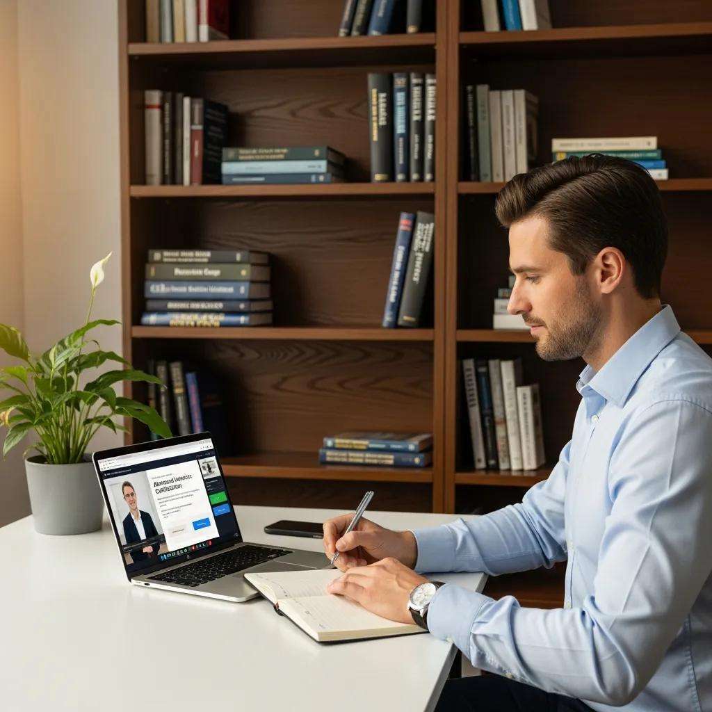 Insurance agent participating in an online certification course, symbolizing career advancement in the insurance industry