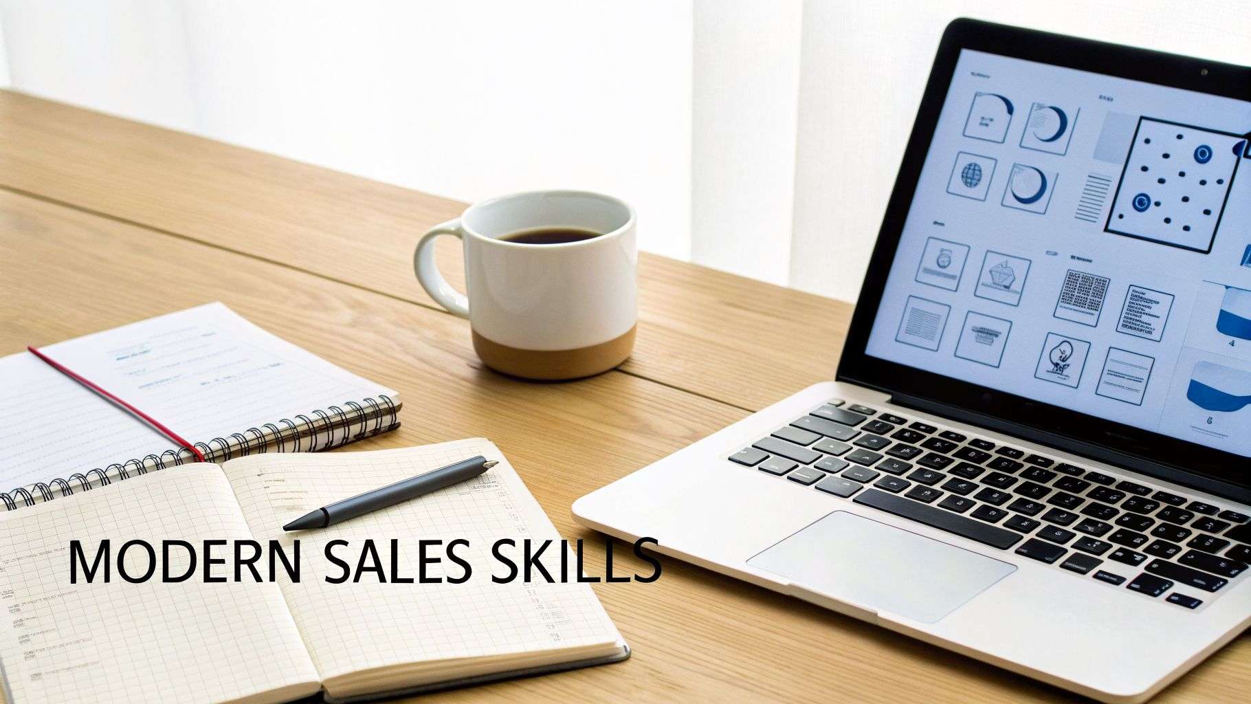 A modern workspace with a laptop, open notebooks, a pen, and a coffee mug, showing 'MODERN SALES SKILLS'.