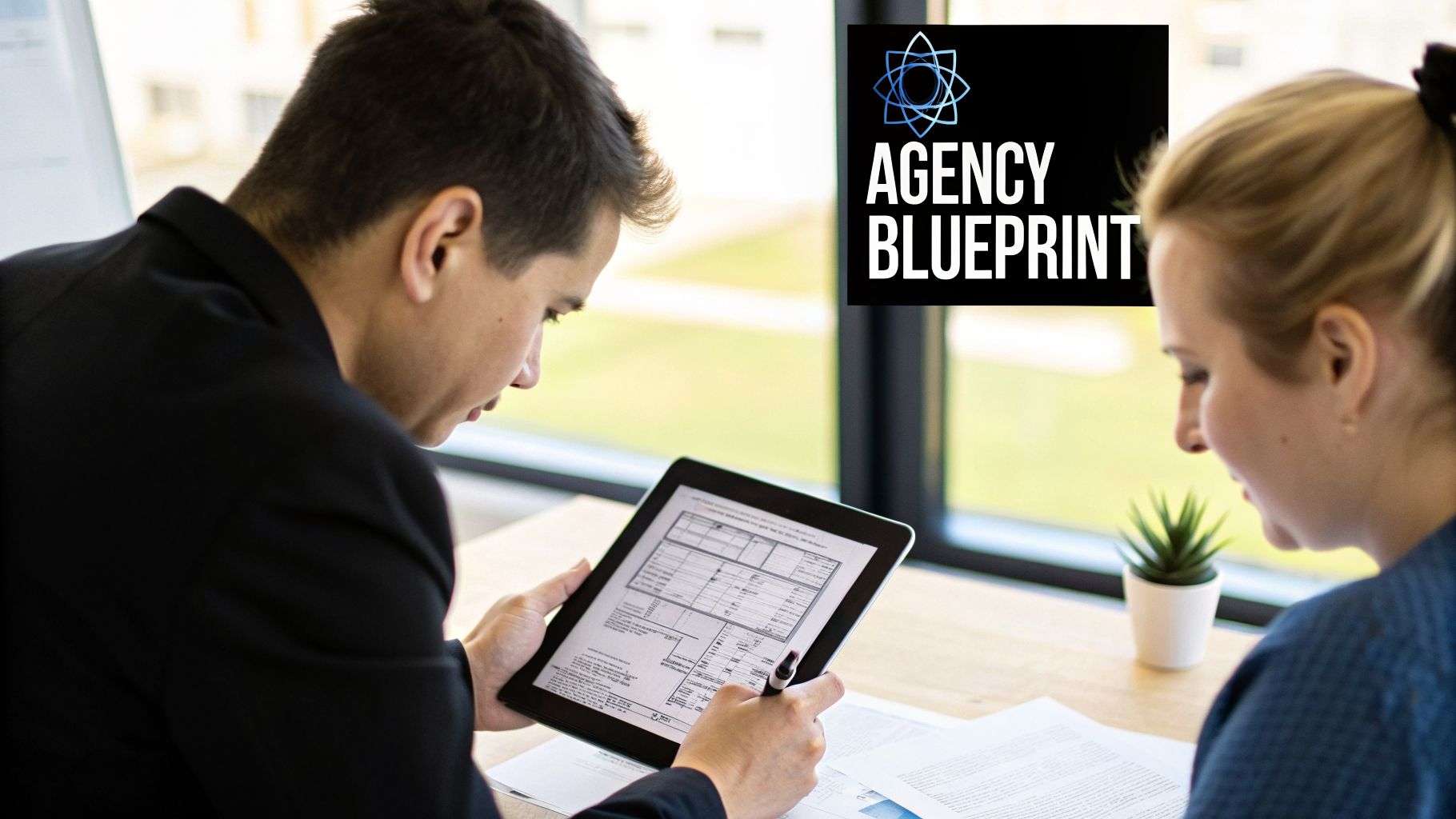 Two colleagues review a digital document on a tablet and paper, discussing sales strategies in an office.