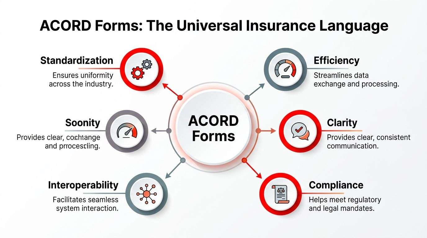 A diagram illustrating the benefits of ACORD forms for the insurance industry, including standardization, efficiency, and compliance.