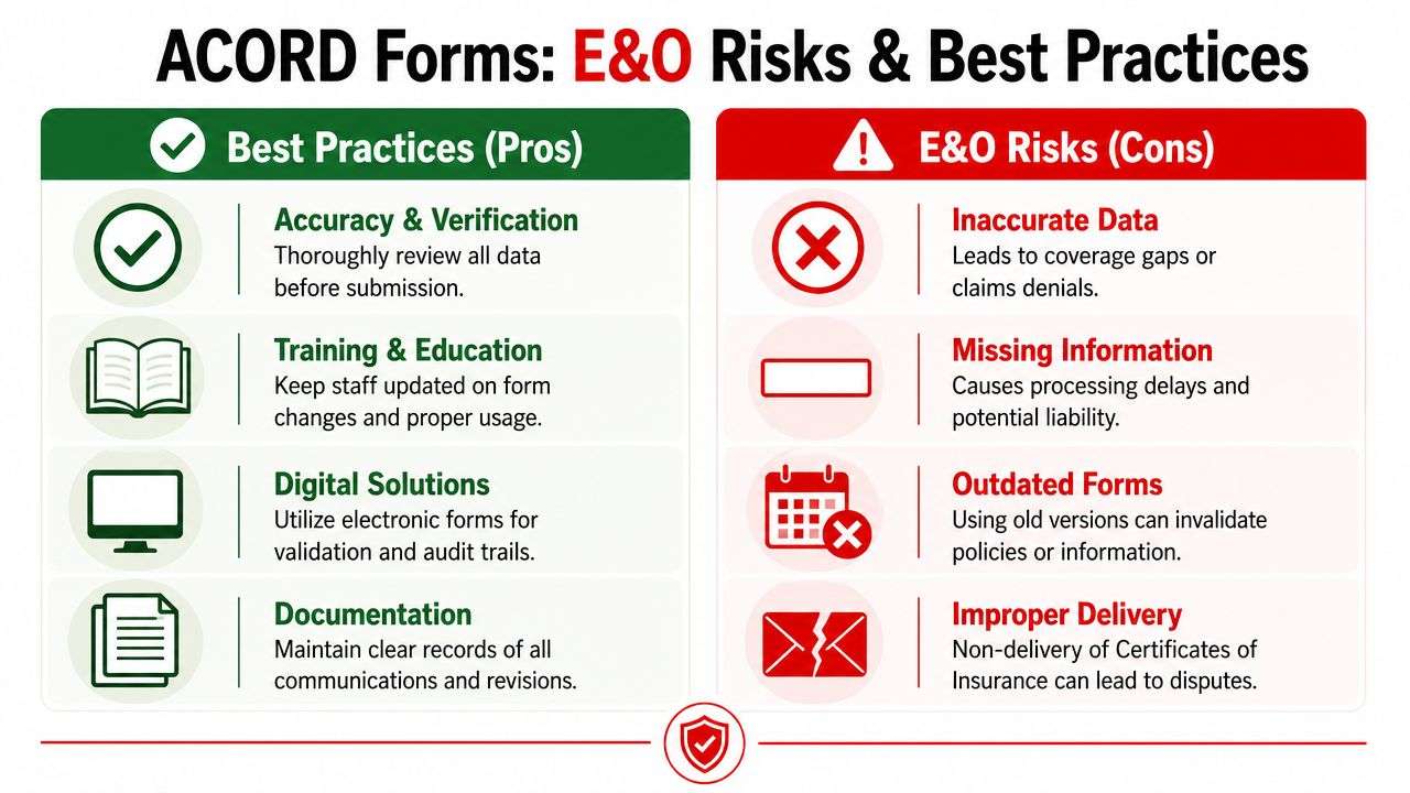 An infographic showing best practices for handling ACORD forms to mitigate common E&O risks and liabilities.