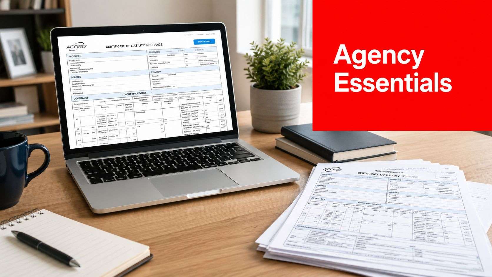 A laptop and printed documents displaying ACORD certificate of liability insurance on a professional office desk.